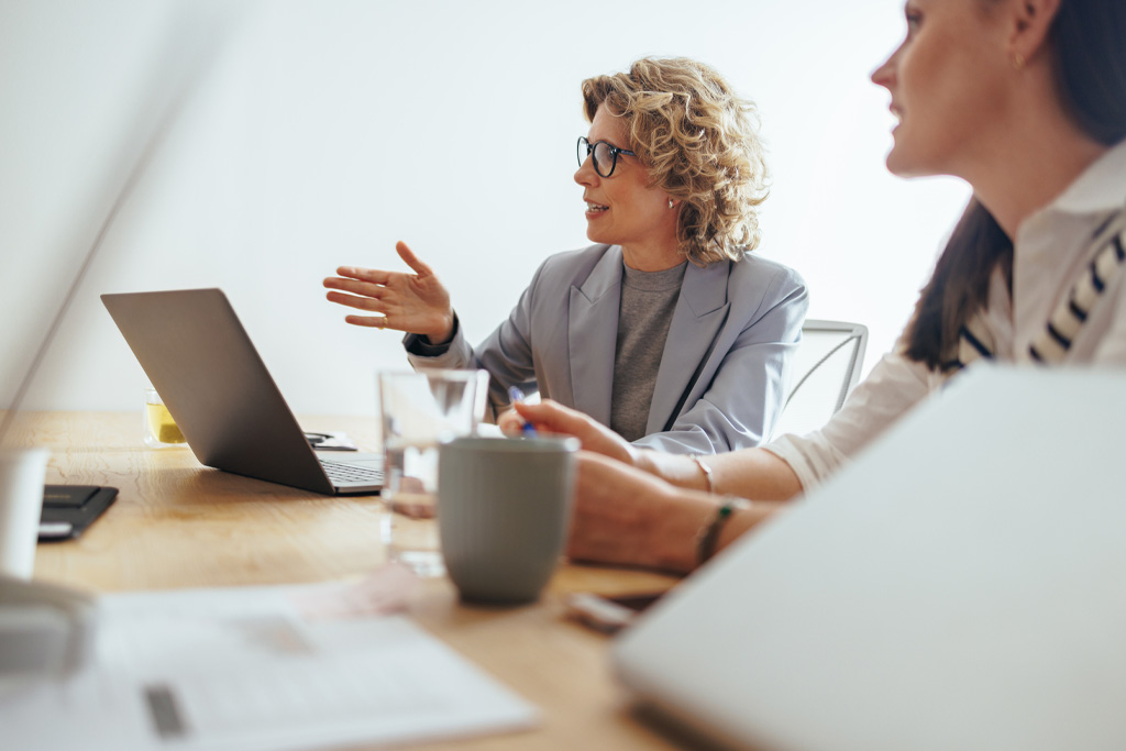 En kvinnlig revisor i ett möte informerar om revision för övriga deltagare.